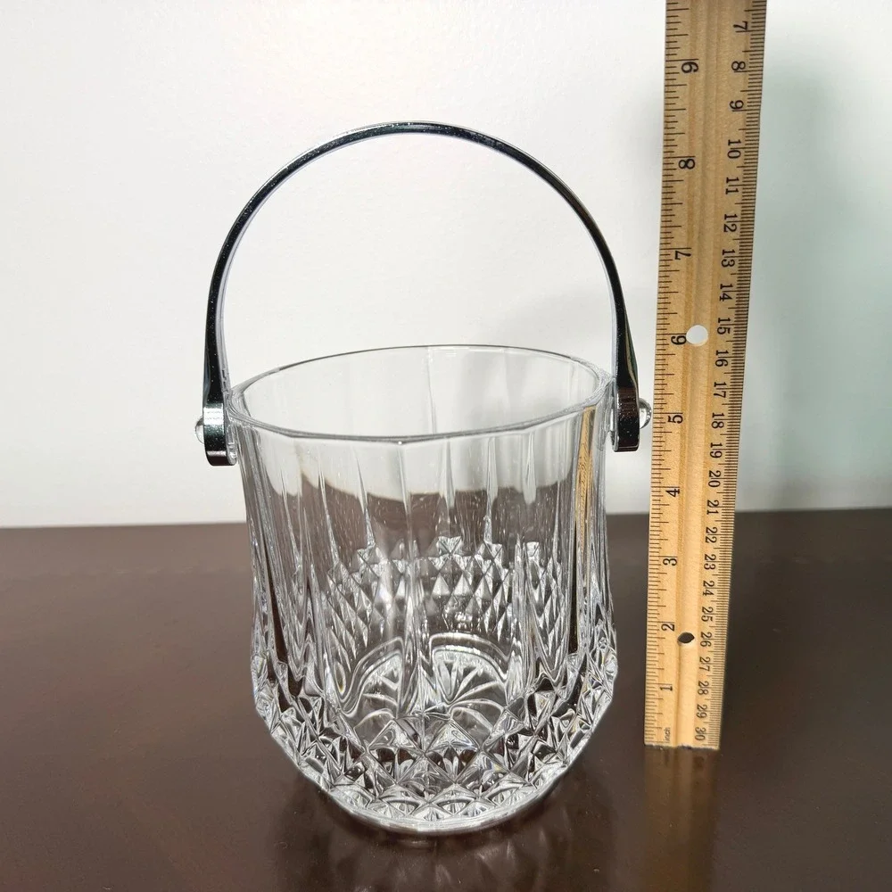 Vintage Cut Crystal Ice Bucket Chrome Handle & Tongs Starburst MCM Barware 5
